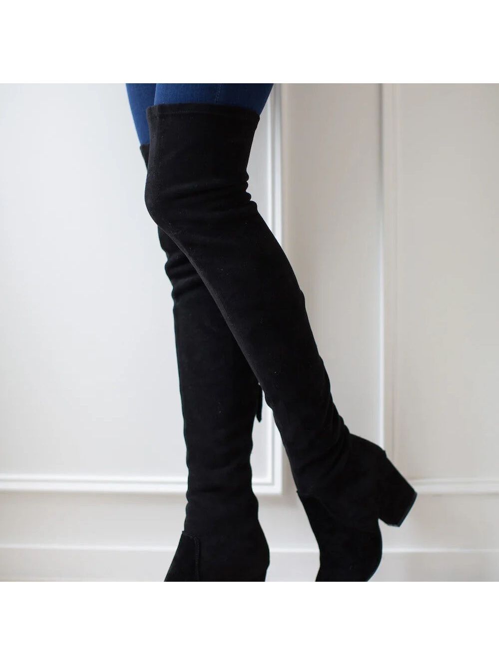 'Ellis' Black Classic Over The Knee Suede Leather Boots